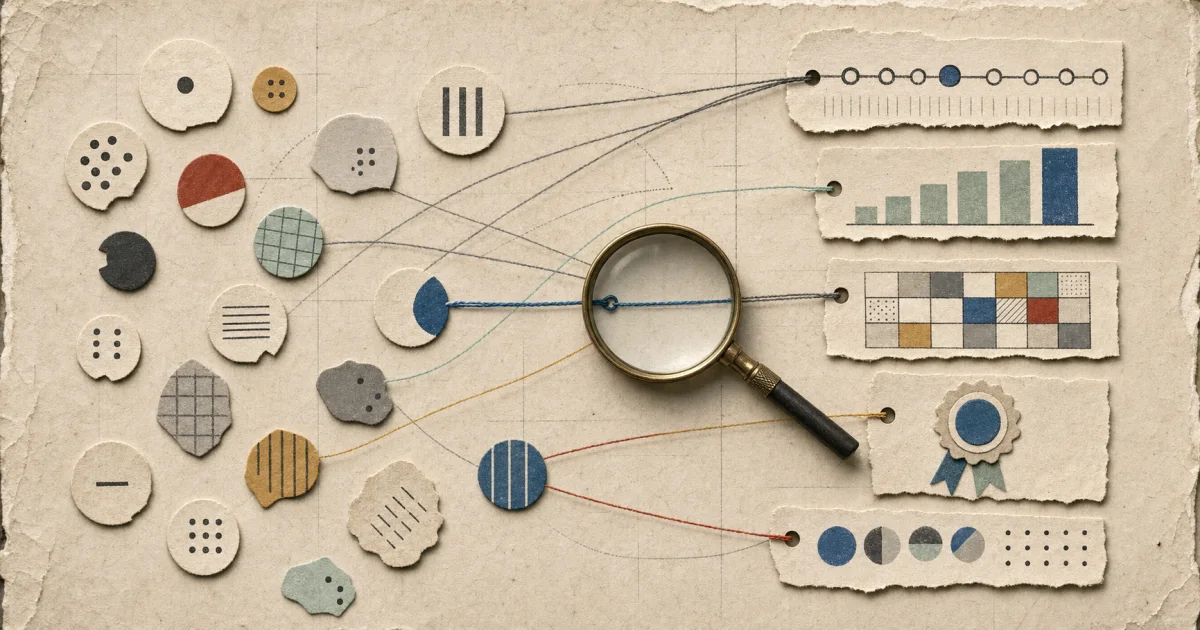Editorial evidence map connecting abstract keyword tokens to timelines, results, projects, tools, and credentials