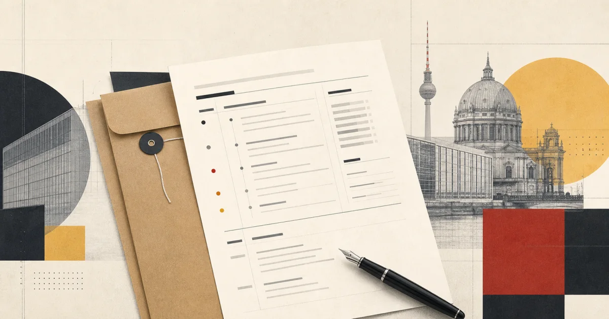 Editorial collage of a tabular German Lebenslauf, application folder, Berlin architecture, and restrained black, red, and gold forms