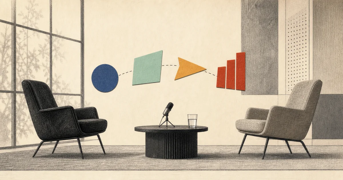 Editorial illustration of an empty interview room with two chairs, a microphone, and abstract STAR response shapes