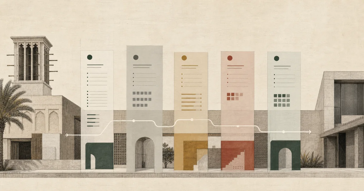 Editorial illustration of Gulf architecture with five structured resume sections connected by a clear application path